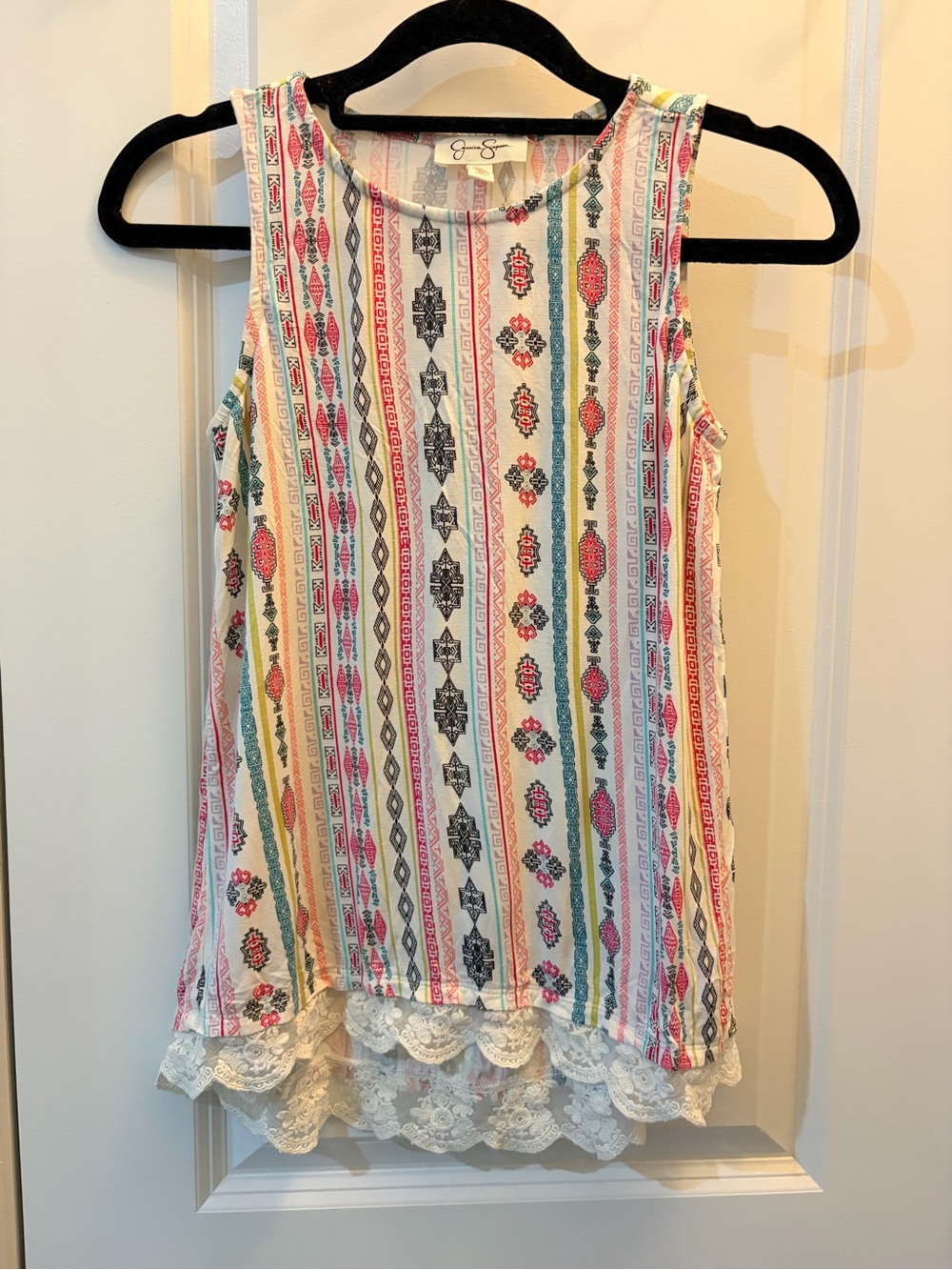 Girl’s Cream Bohemian Stripe Lace-Hem Tank Top - Multicolor Size Medium